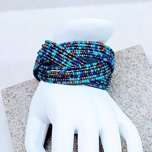 VINTAGE BOHEMIAN WESTERN TURQUOISE, PURPLE AND GOLD SEED BEAD WRAP BRACELET